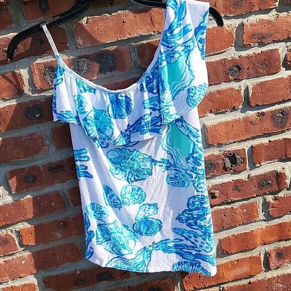 Lilly Pulitzer Neveah blue seashells ruffle one shoulder top - Picture 5 of 6